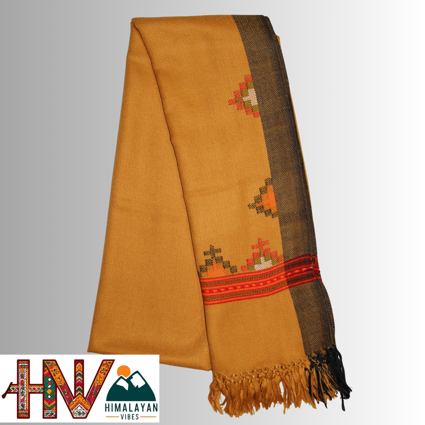 Handwoven Mustard Kullu Woolen Stole with Traditional Kullu Patti Geometric Motifs with black Border– Handwoven Elegance By Himalayan Vibes