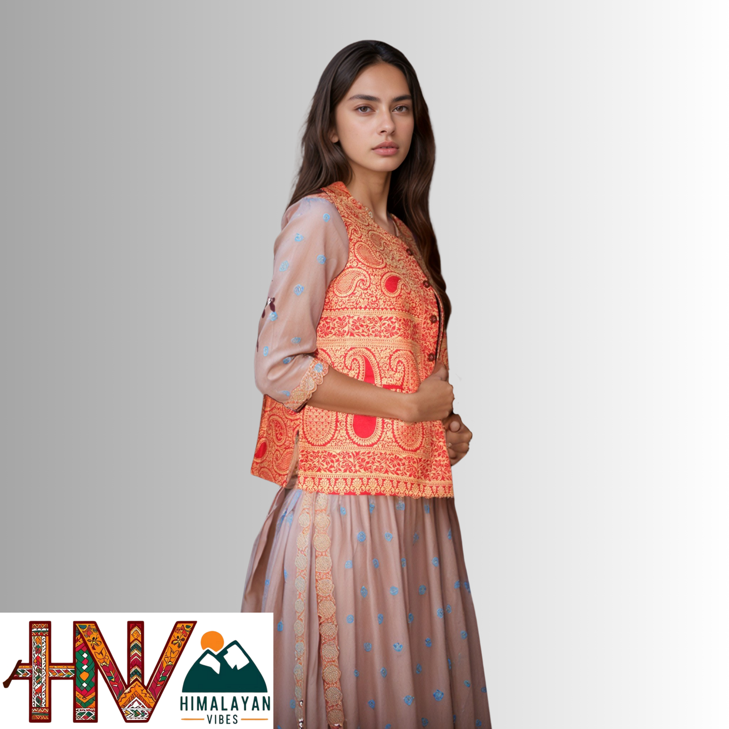 Women Pashmina Blend Red Color Himachali Sadri with Floral pattern – Traditional Waistcoat by Himalayan Vibes