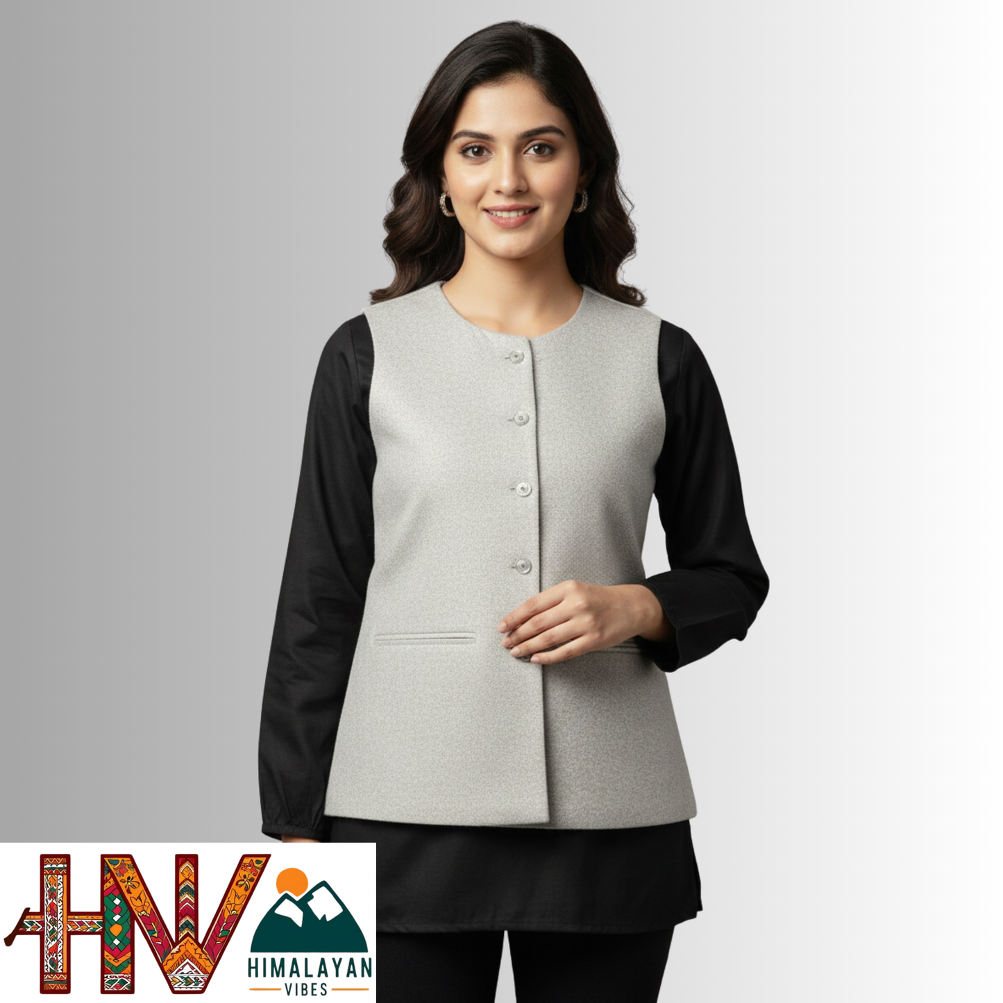 Himalayan Vibes Light Grey Women's Tweed Sadri - Sleeveless Nehru Jacket
