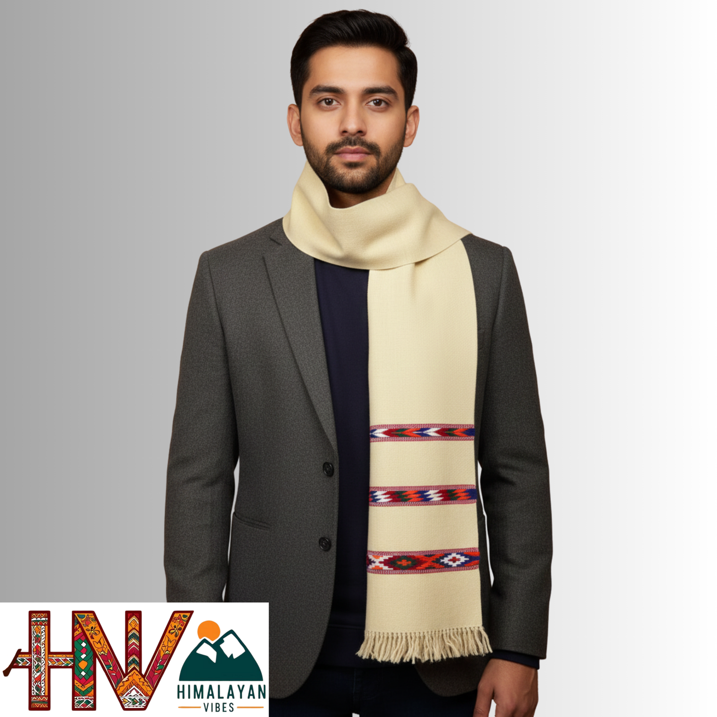 Handwoven Cream Woolen Muffler | Triple Kullu Patti Traditional Geometric Design By Himalayan Vibes