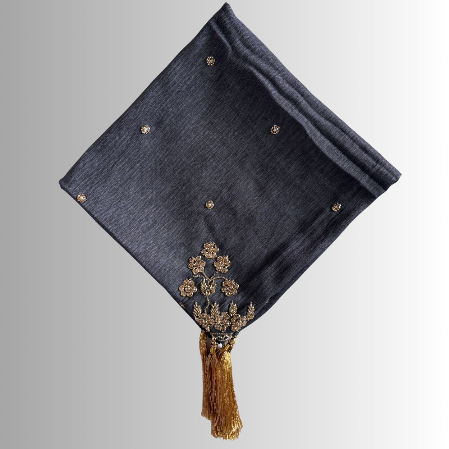 Handcrafted Himachali Dark Slate Gray Dhatu with Golden Embroidery – A Unique Embroidered Head Scarf