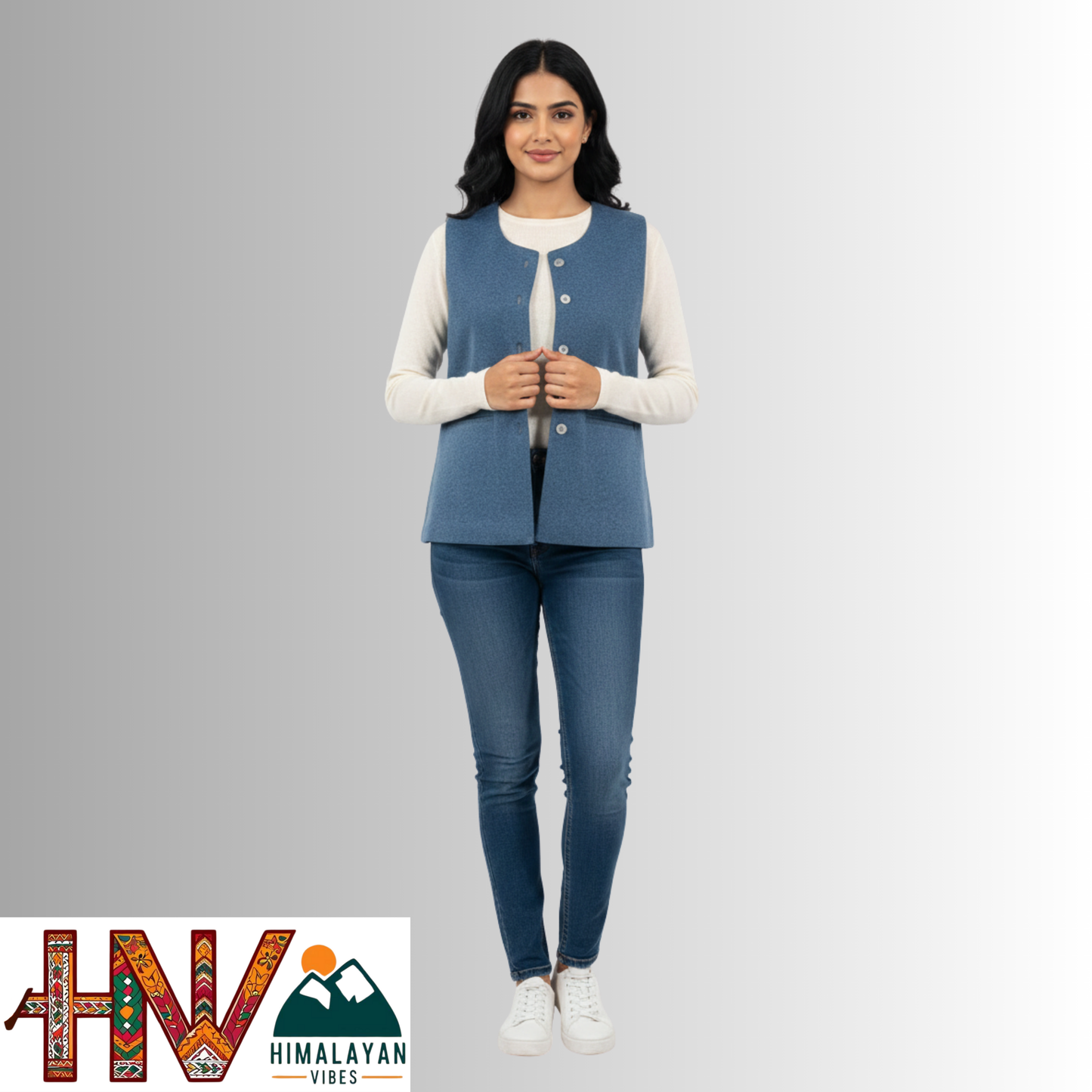 Himachali Plain Blue Sadri  for Women - Martin Fabric Ethnic Half Jacket with Pockets