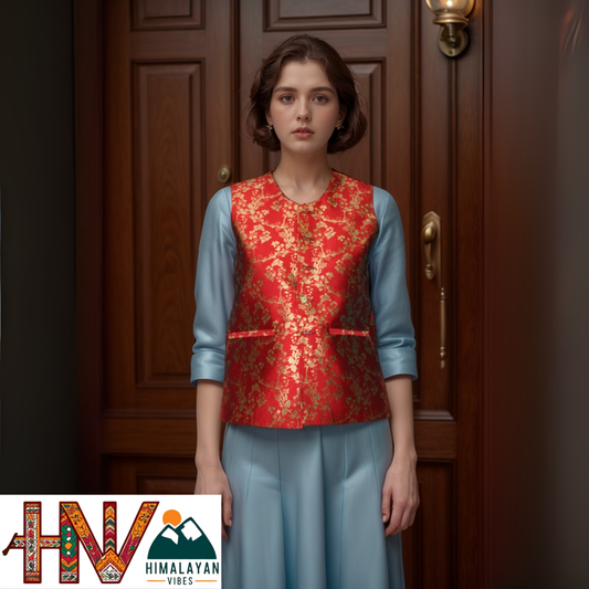 Women's Red Printed Sadri with Golden floral pattern - Elegant Brocade Festive Wear with Inner Pockets
