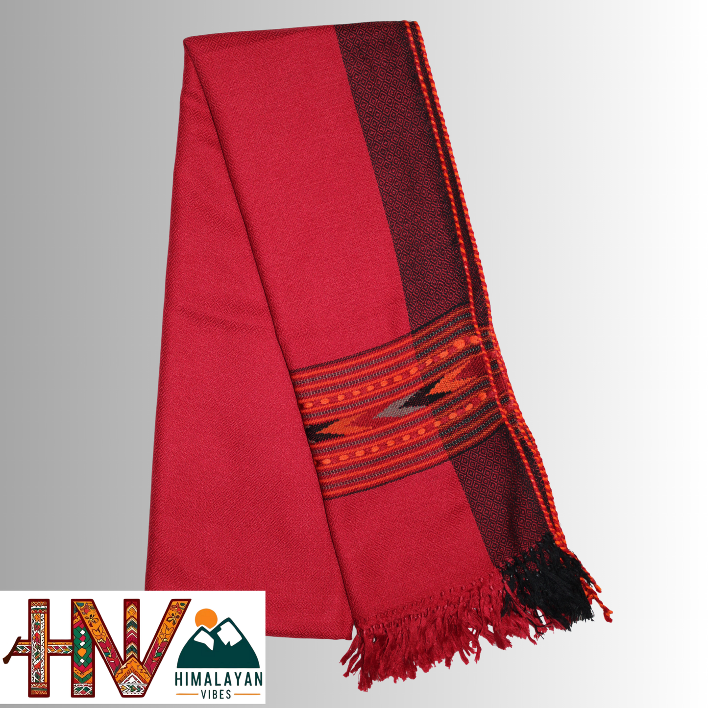 Handwoven Red Kullu Woolen Stole with Traditional Kullu Patti Design in Black and Red Border– Handwoven Elegance By Himalayan Vibes