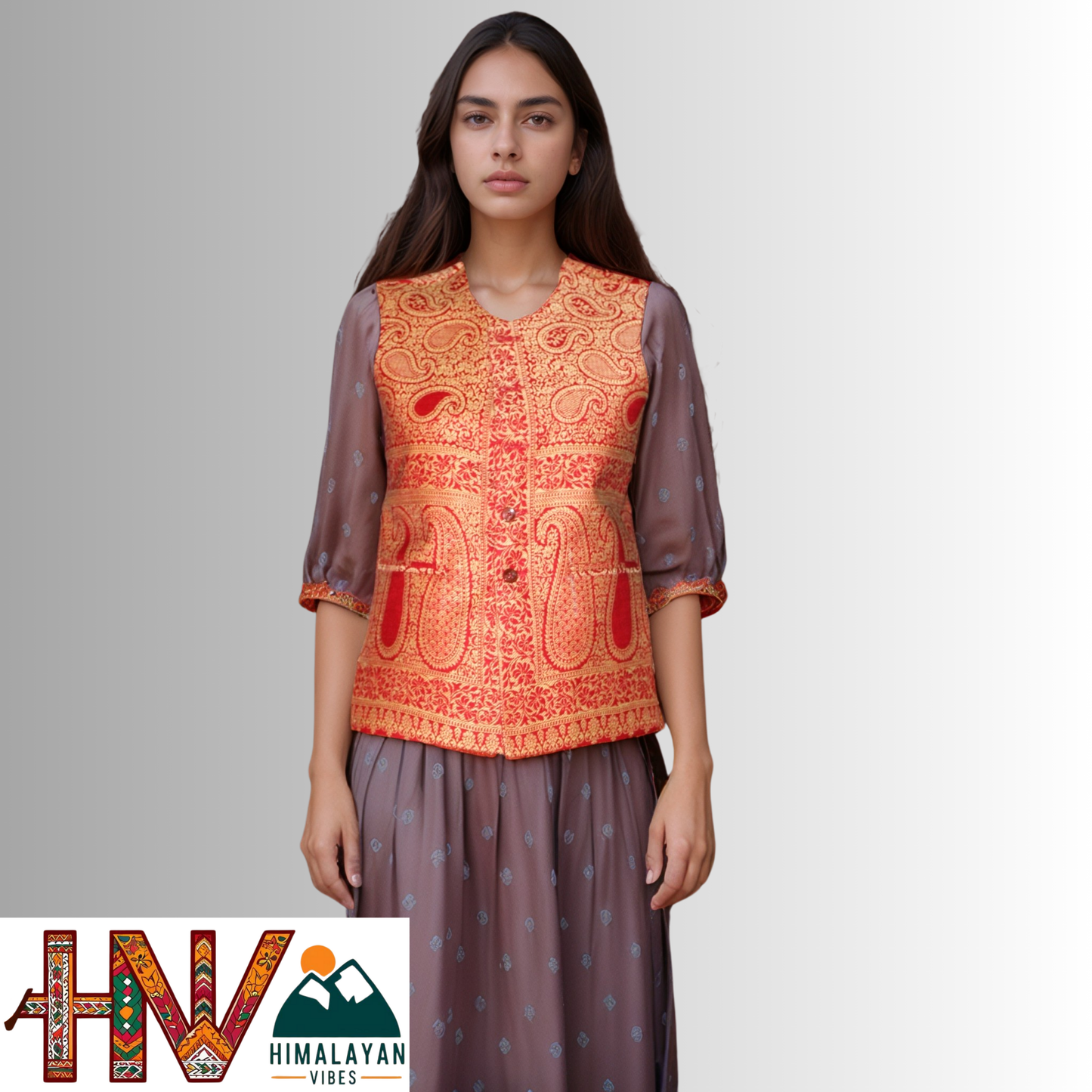 Women Pashmina Blend Red Color Himachali Sadri with Floral pattern – Traditional Waistcoat by Himalayan Vibes