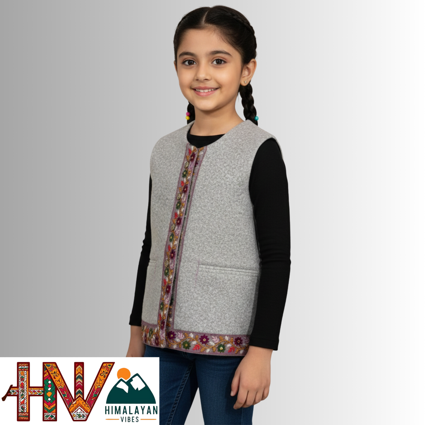 Girls Sleeveless Light Grey Woolen Sadri Jacket in Martin Fabric – Himachali Handcrafted Ethnic Wear with Floral Embroidery