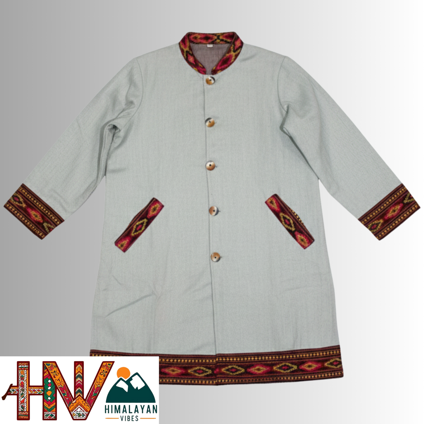 Himalayan Vibes Light Grey Woolen Long Jacket - Authentic Kullu Patti Trimmed Coat