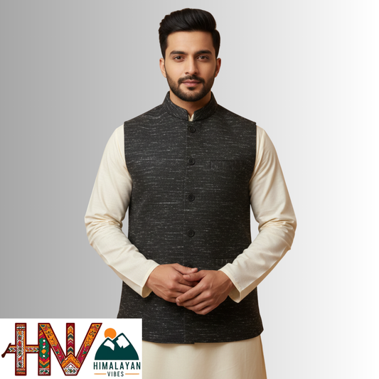 Handcrafted Himalayan Vibes Charcoal black Woolen Nehru Jacket for Men | Traditional Himachali Craft | Stylish Winter & Formal Wear