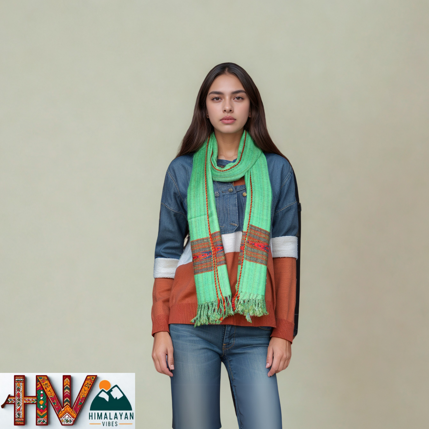 Handwoven Himalayan Green Wool Stole – Red & Blue Striped with Geometric Motif Border