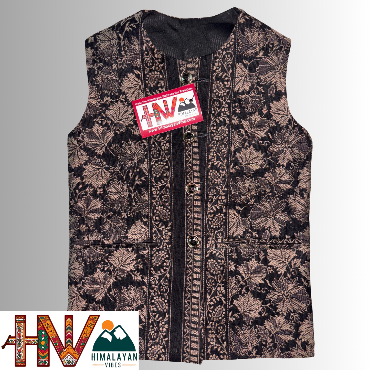 Kids Shawl Black Color Himachali Sadri with Leaf pattern – Traditional Waistcoat by Himalayan Vibes