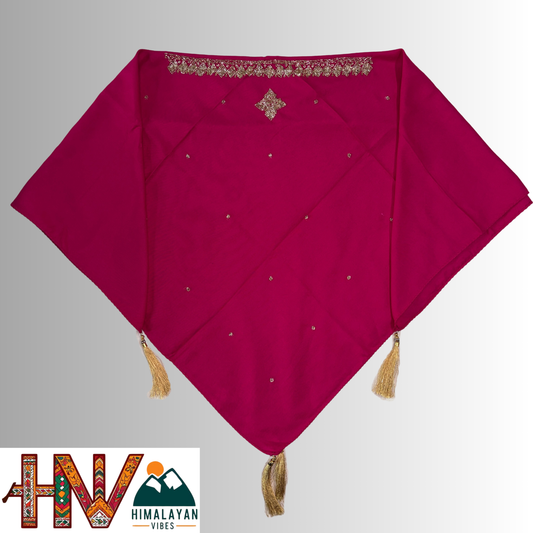 Handcrafted Himachali Rani Pink Dhatu with Golden Embroidery – A Unique Embroidered Head Scarf