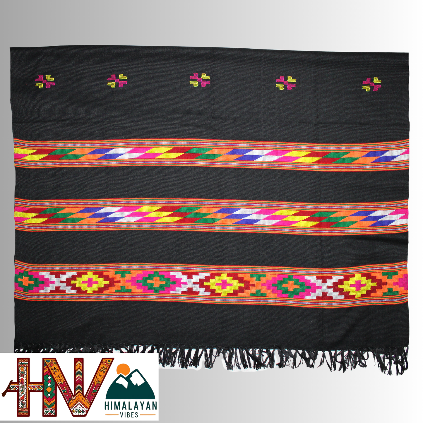 Handwoven Black Kullu Shawl – With Intricate Design 3 Patti & Traditional Himalayan Craftsmanship