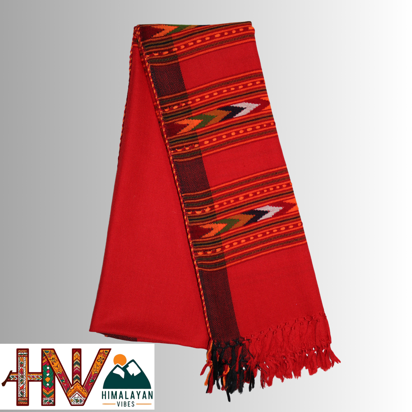 Handwoven red Kullu Woolen Stole with Traditional Kullu 3 Patti Design in Vibrant Red Border– Handwoven Elegance By Himalayan Vibes