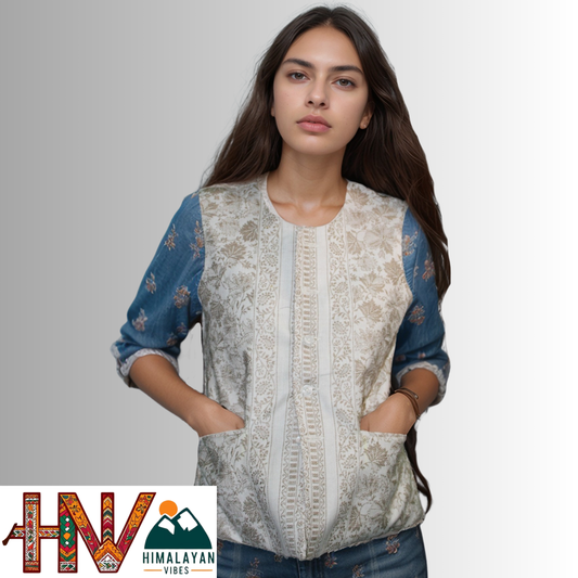 Women Pashmina Blend Cream Color Himachali Sadri with Leaf pattern – Traditional Waistcoat by Himalayan Vibes