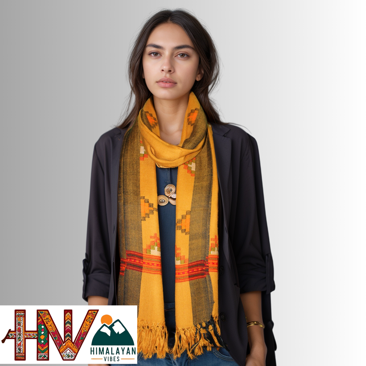 Handwoven Mustard Kullu Woolen Stole with Traditional Kullu Patti Geometric Motifs with black Border– Handwoven Elegance By Himalayan Vibes