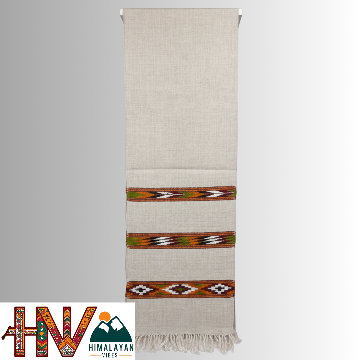 Handwoven White Woolen Muffler | Triple Kullu Patti Traditional Geometric Design By Himalayan Vibes