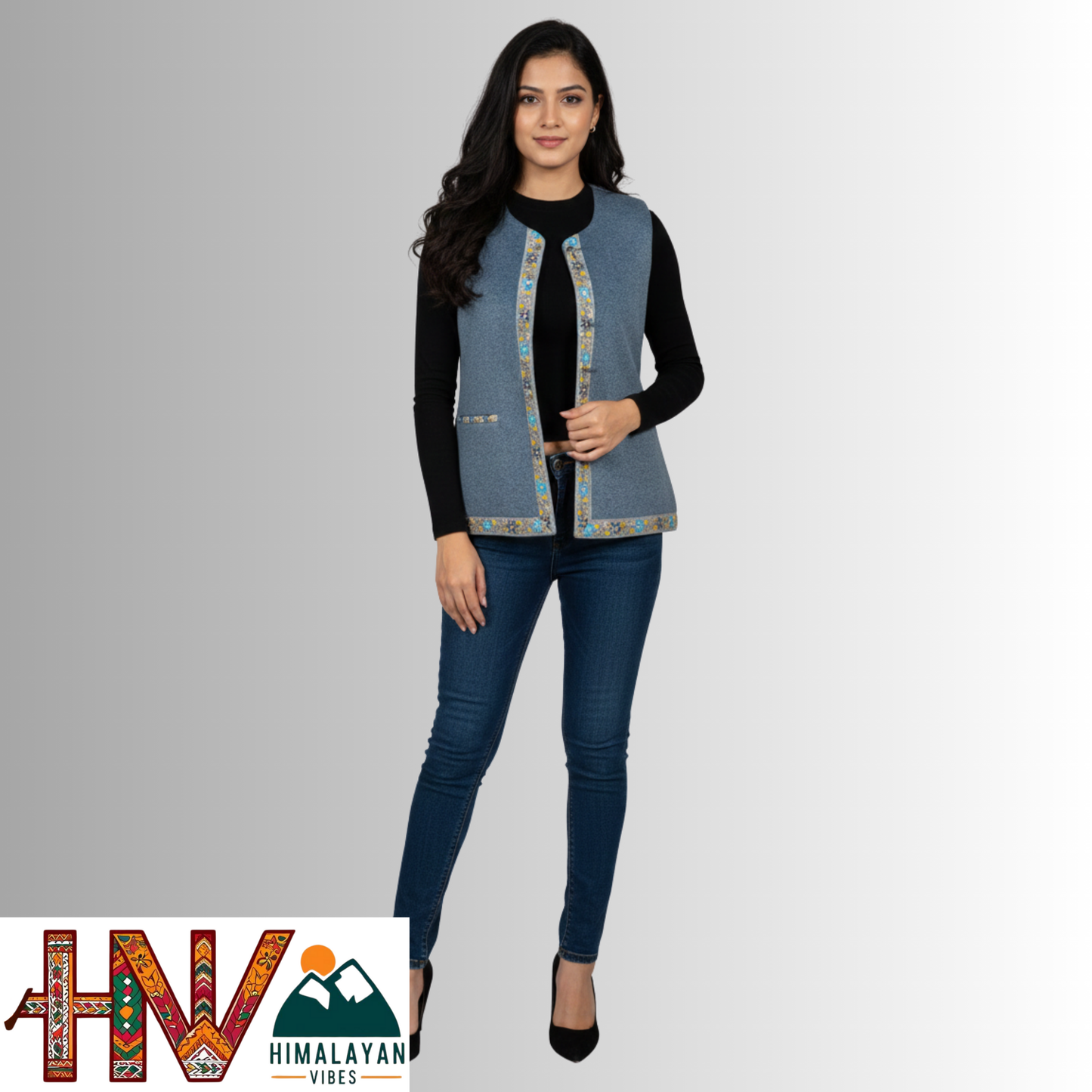 Himachali Light Blue Sadri with embroidered Lace for Women - Martin Fabric Ethnic Half Jacket with Pockets