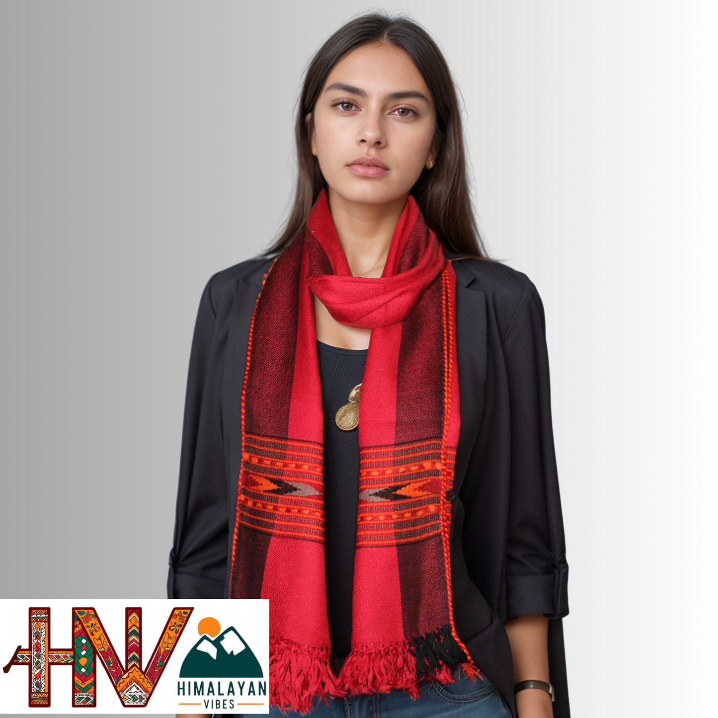 Handwoven Red Kullu Woolen Stole with Traditional Kullu Patti Design in Black and Red Border– Handwoven Elegance By Himalayan Vibes