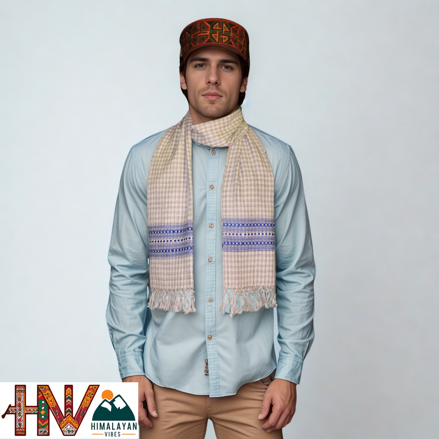 Traditional Kullu Handwoven Cream check with Blue Patti Muffler – Soft, Durable & Warm Wool Scarf