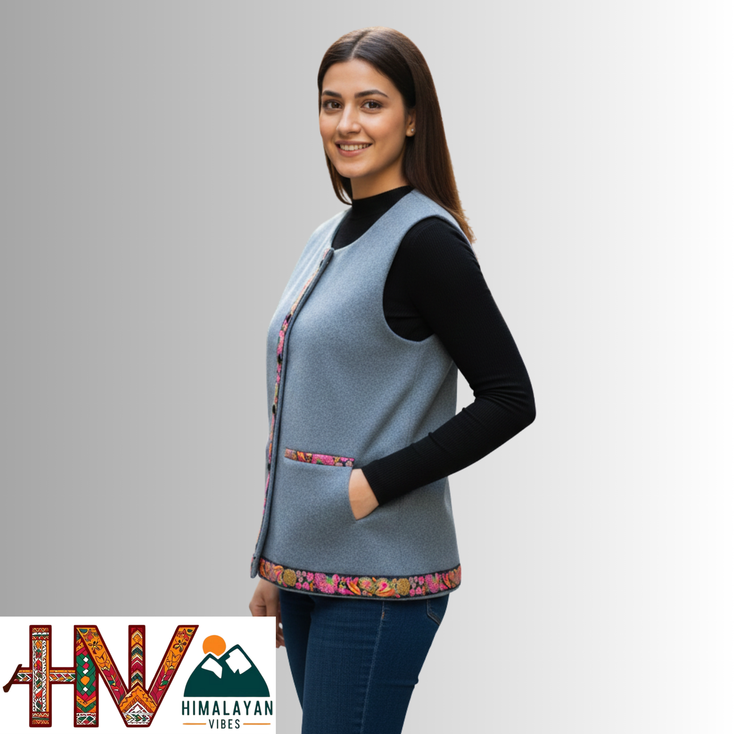 Himachali Light Blue Sadri with embroidered Lace for Women - Martin Fabric Ethnic Half Jacket with Pockets