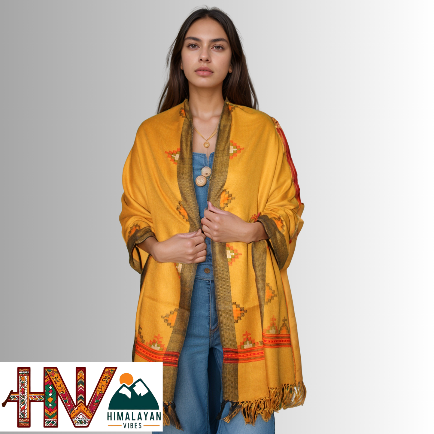 Handwoven Mustard Kullu Woolen Stole with Traditional Kullu Patti Geometric Motifs with black Border– Handwoven Elegance By Himalayan Vibes