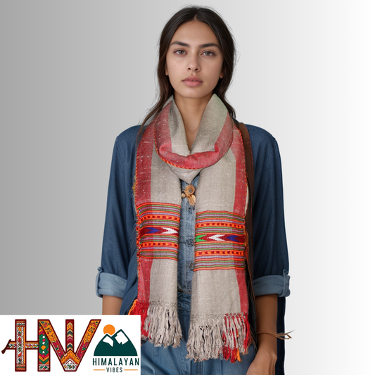 Handwoven Taupe Grey Kullu Woolen Stole with Vibrant Tribal Border – Handwoven Elegance By Himalayan Vibes
