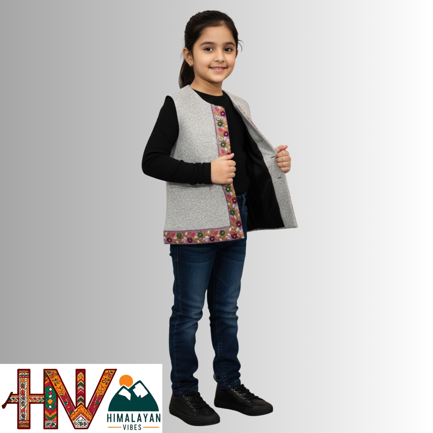 Girls Sleeveless Light Grey Woolen Sadri Jacket in Martin Fabric – Himachali Handcrafted Ethnic Wear with Floral Embroidery