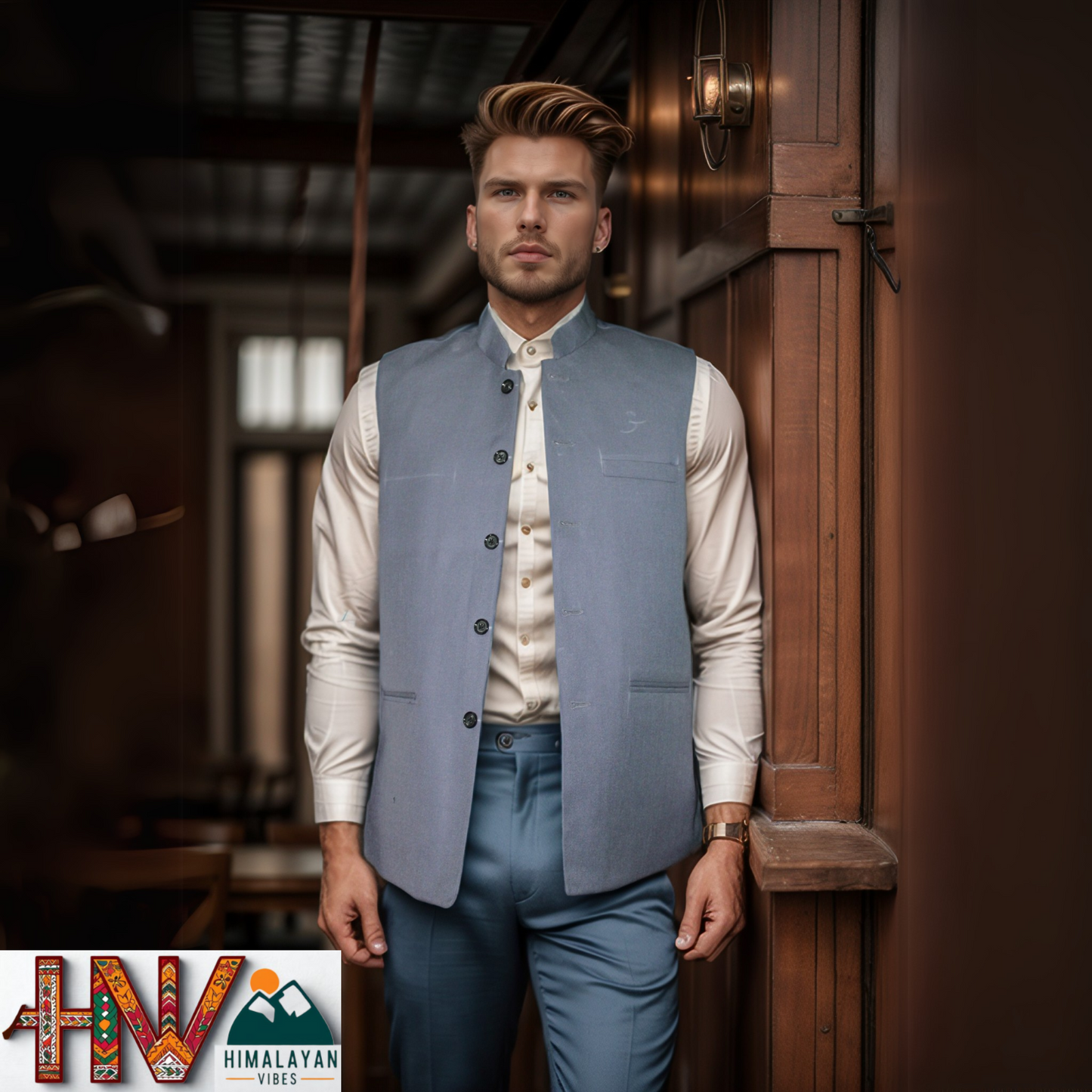 Himalayan Breeze Light Blue Grey Sleeveless Jacket – Traditional Craft, Modern Style