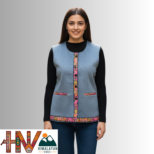 Himachali Light Blue Sadri with embroidered Lace for Women - Martin Fabric Ethnic Half Jacket with Pockets