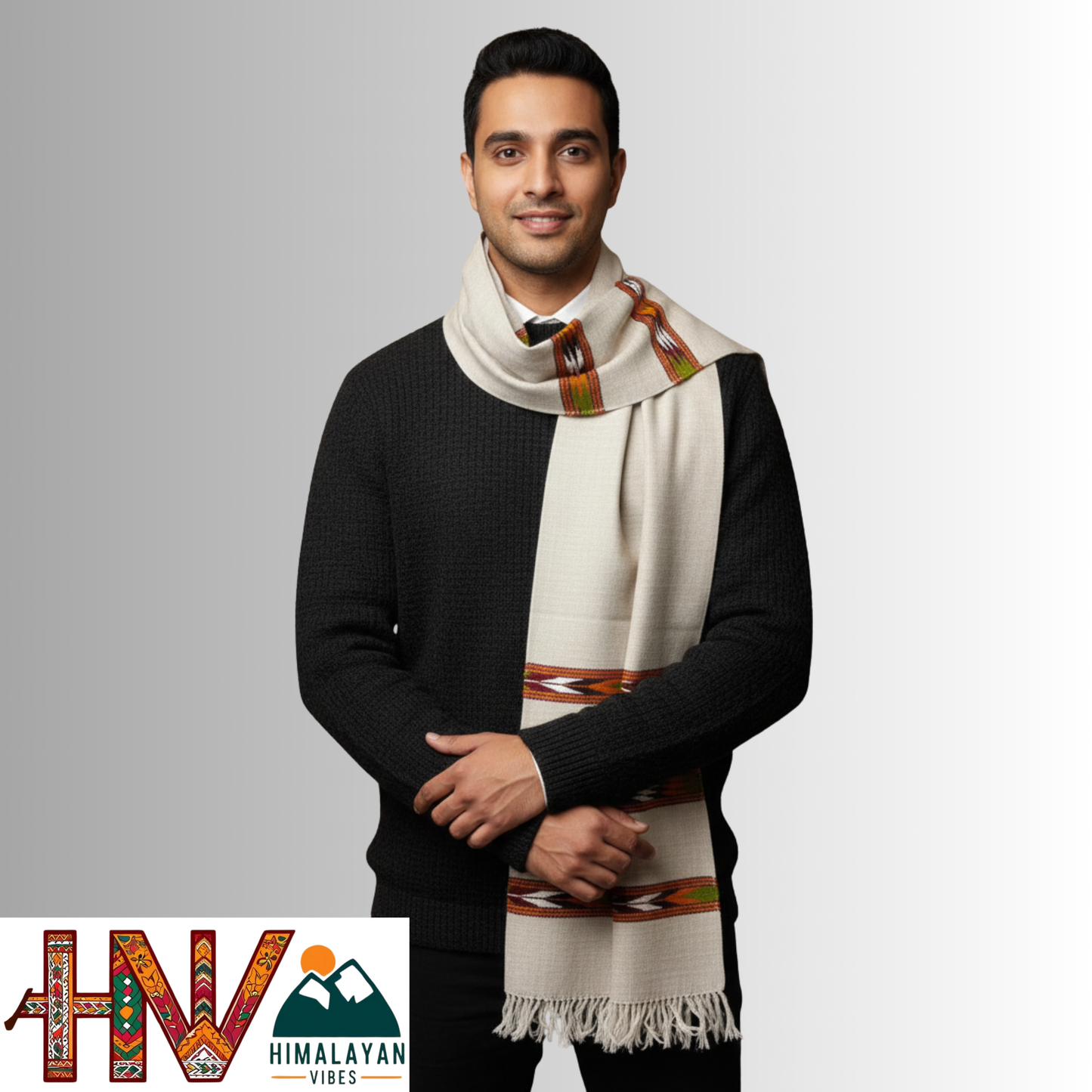 Handwoven White Woolen Muffler | Triple Kullu Patti Traditional Geometric Design By Himalayan Vibes