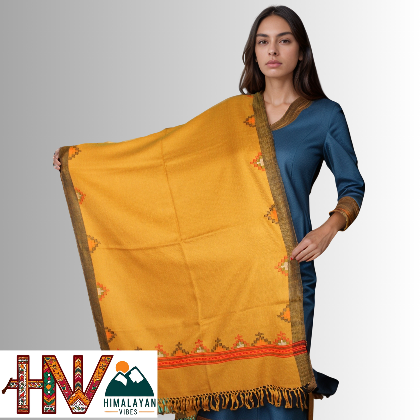 Handwoven Mustard Kullu Woolen Stole with Traditional Kullu Patti Geometric Motifs with black Border– Handwoven Elegance By Himalayan Vibes