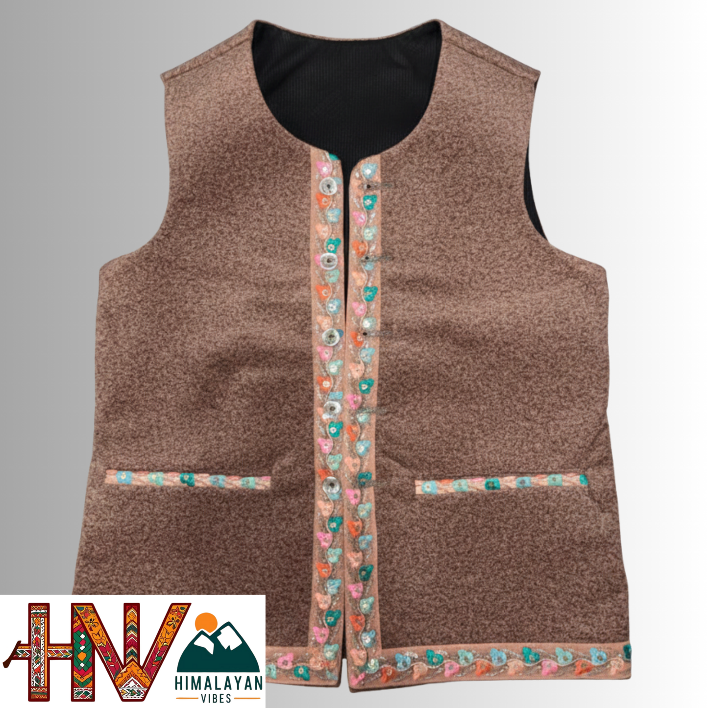 Himachali Light brown Sadri with embroidered Lace for Women - Martin Fabric Ethnic Half Jacket with Pockets