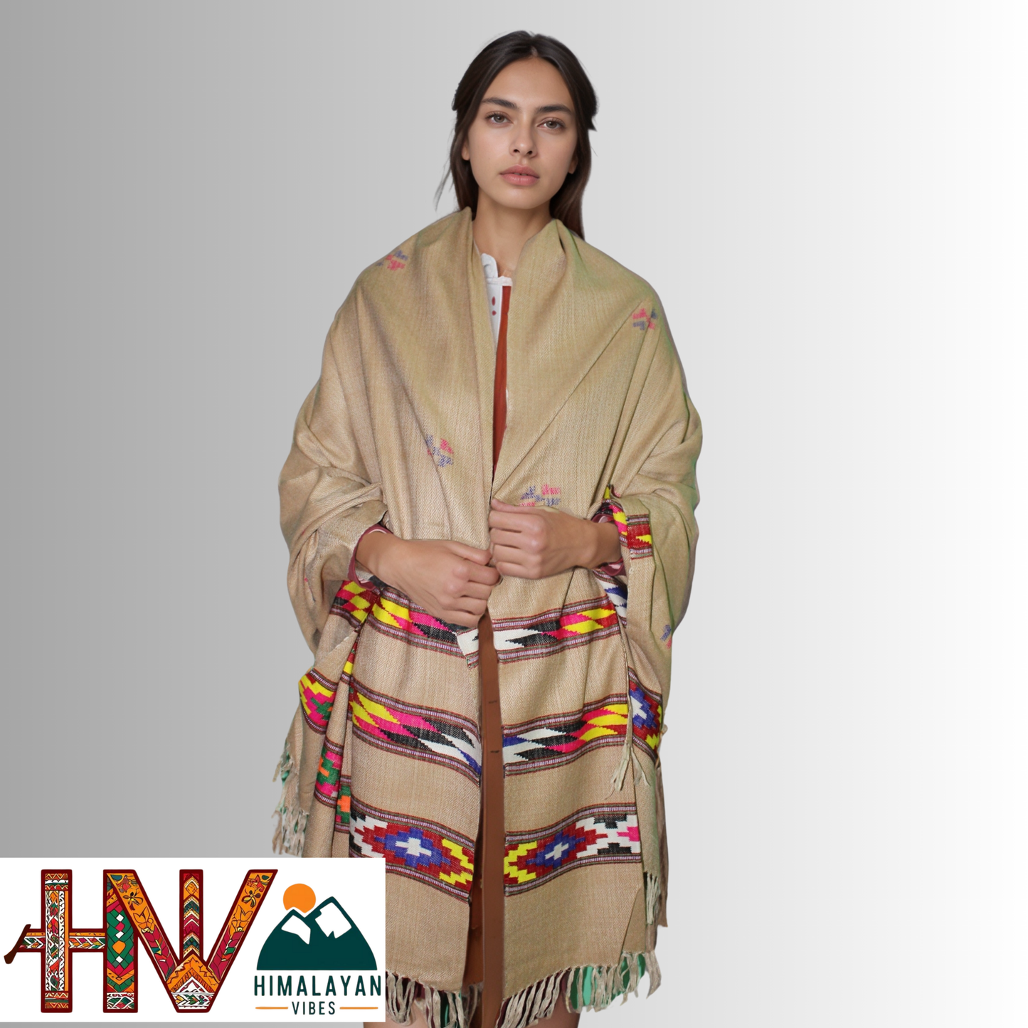 Handwoven Beige Kullu Shawl – With Intricate Design 3 Patti & Traditional Himalayan Craftsmanship