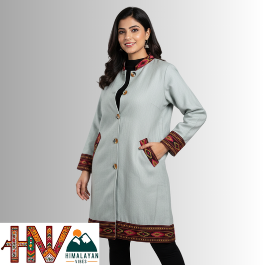 Himalayan Vibes Light Grey Woolen Long Jacket - Authentic Kullu Patti Trimmed Coat