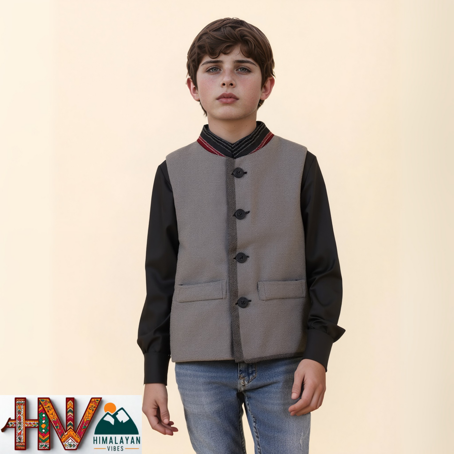 Handmade Dark Grey Woolen Jacket for Kids| Traditional Himachali Craft | Stylish Winter & Casual Wear