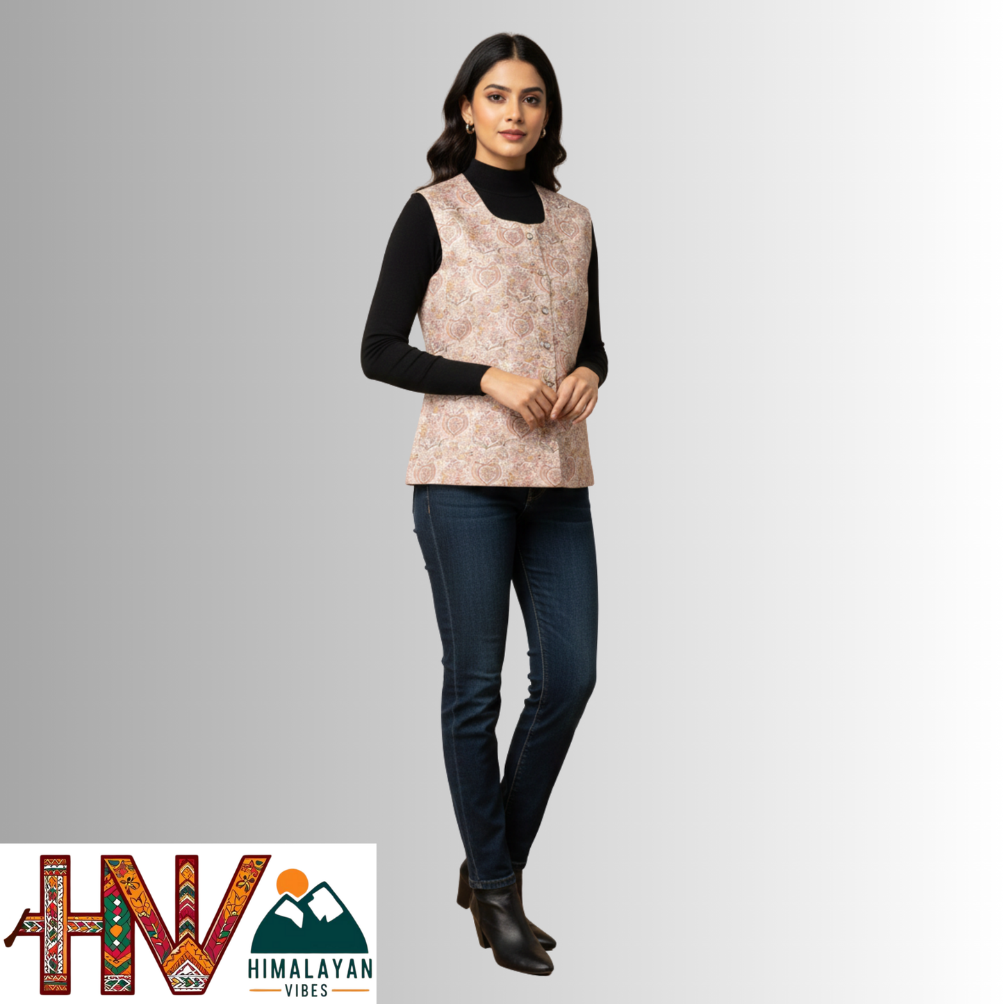 Himalayan Vibes Women's Pashmina Mix - Beige Paisley Print Sadri-Dhatu Combo