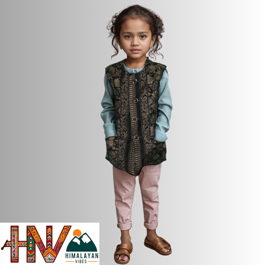Kids Shawl Black Color Himachali Sadri with Leaf pattern – Traditional Waistcoat by Himalayan Vibes