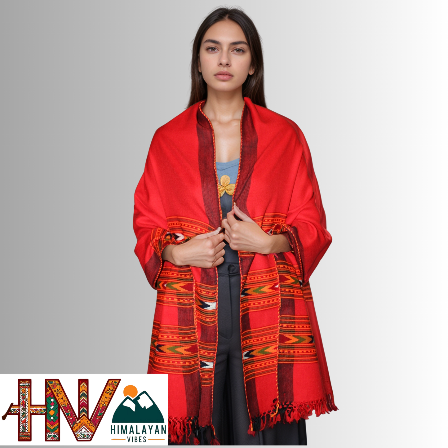 Handwoven red Kullu Woolen Stole with Traditional Kullu 3 Patti Design in Vibrant Red Border– Handwoven Elegance By Himalayan Vibes