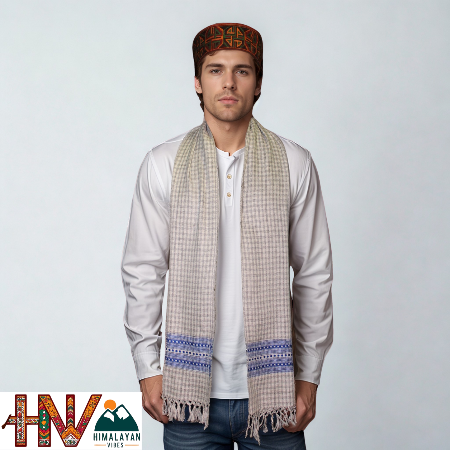 Traditional Kullu Handwoven Cream check with Blue Patti Muffler – Soft, Durable & Warm Wool Scarf