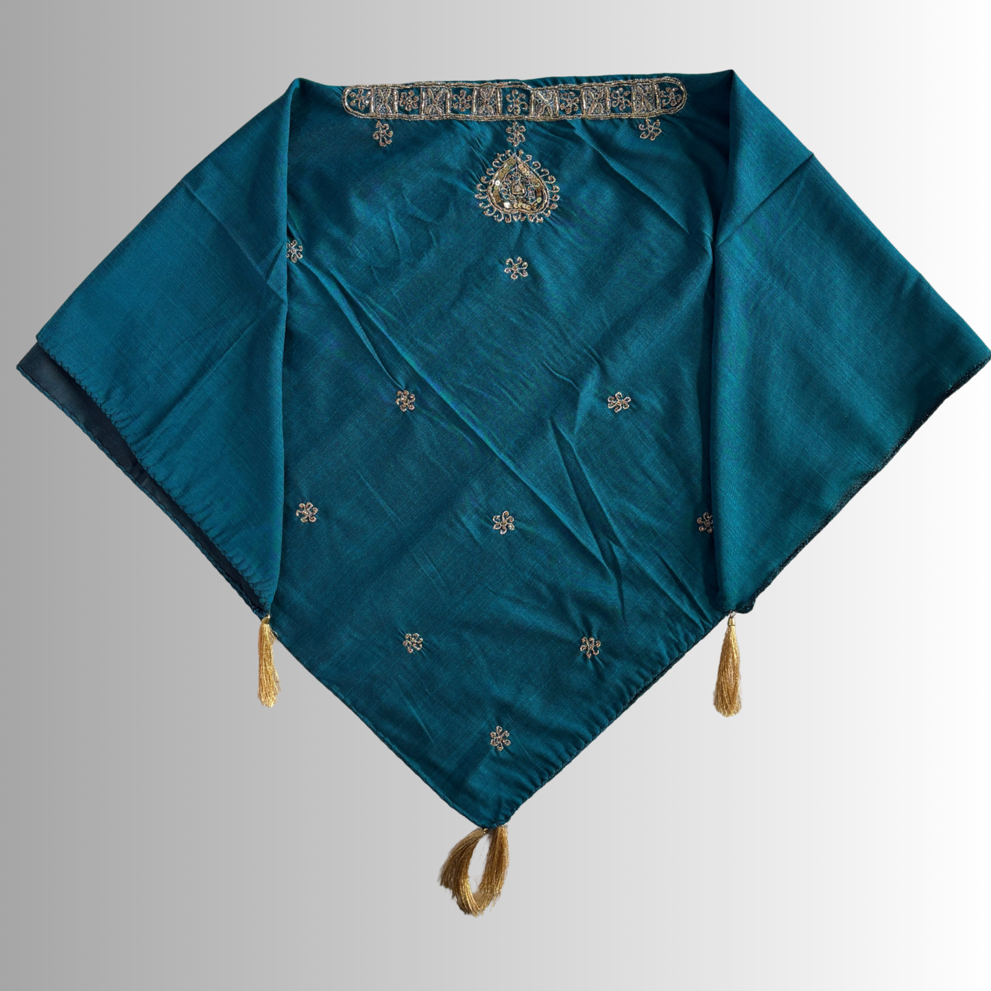 Handcrafted Himachali Teal Blue Dhatu with Gold Embroidery – A Unique Embroidered Head Scarf