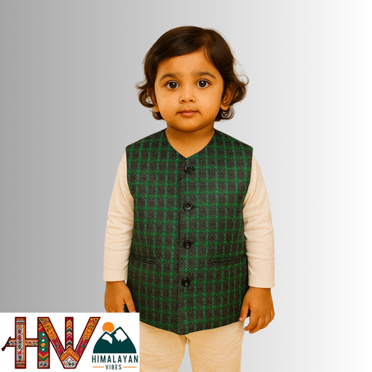 Handcrafted Green Woolen Jacket for Kids| Traditional Himachali Craft | Stylish Winter & Casual Wear