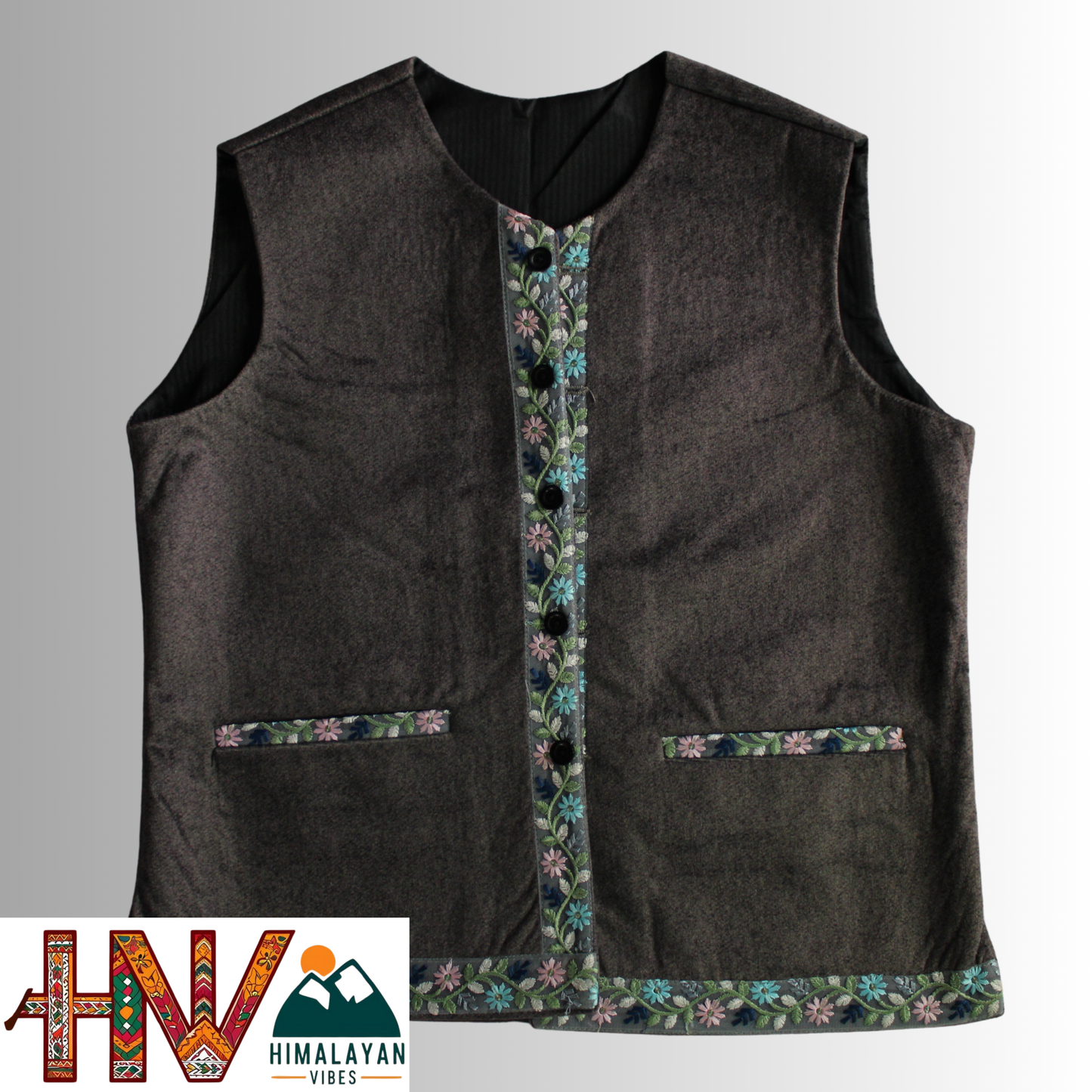 Himachali Dark Grey Sadri with embroidered Lace for Women - Martin Fabric Ethnic Half Jacket with Pockets