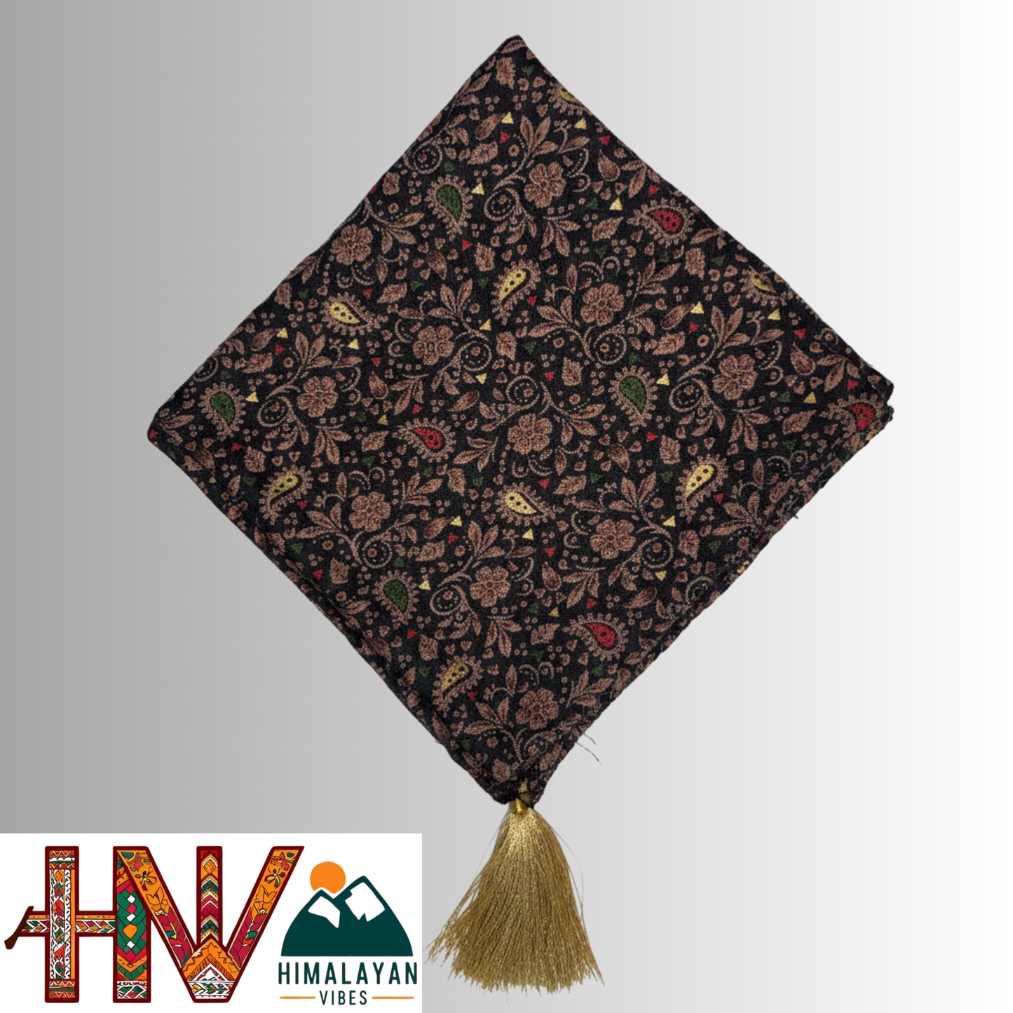 Alpine Black Color Gold Printed Himachali Dhatu - Handcrafted Traditional Head Scarf from Himalayas