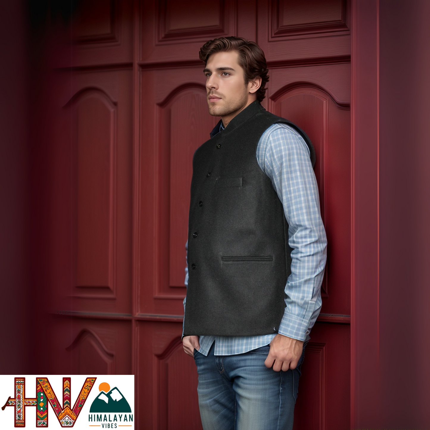 Handcrafted Black Woolen Jacket for Men | Traditional Himachali Craft | Stylish Winter & Formal Wear