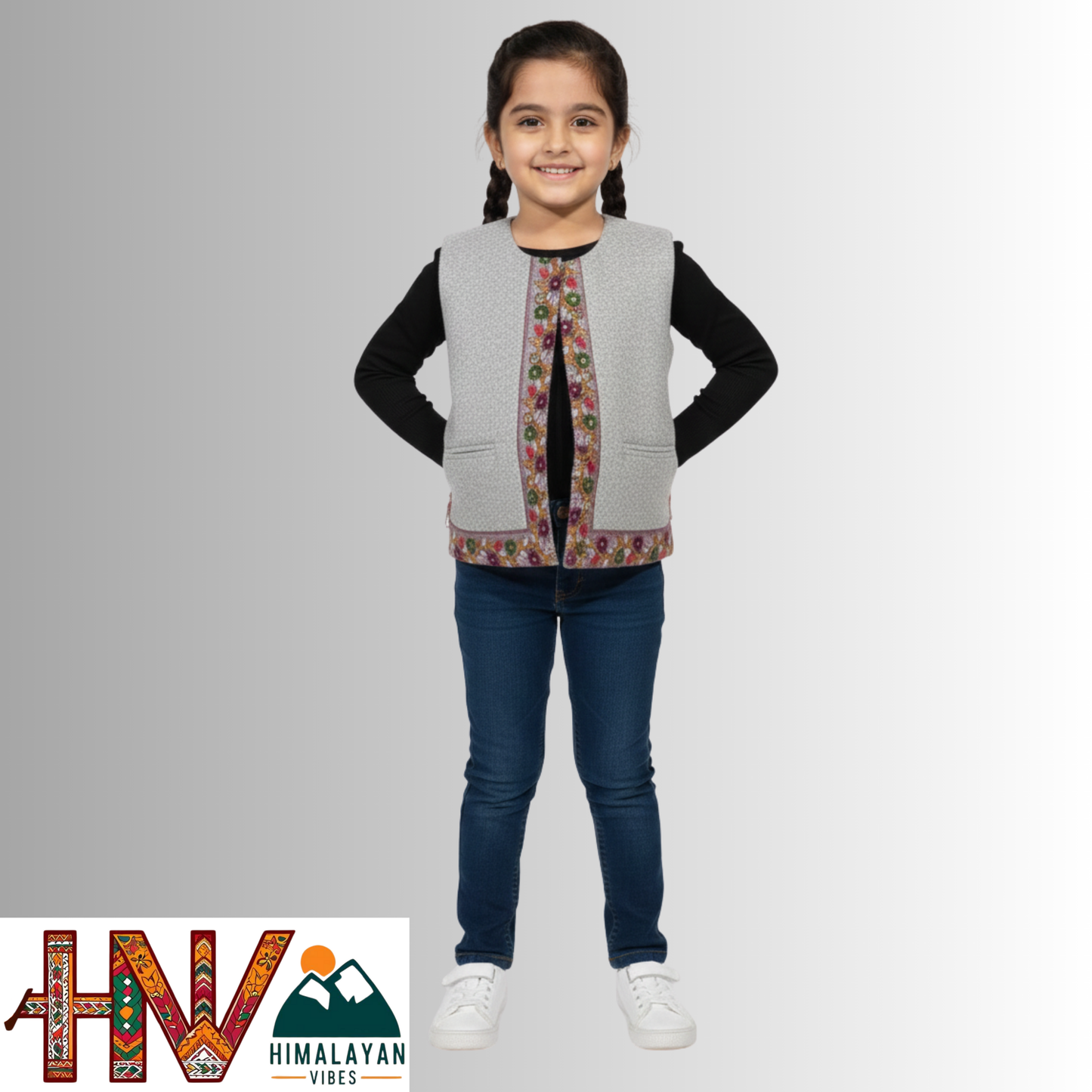 Girls Sleeveless Light Grey Woolen Sadri Jacket in Martin Fabric – Himachali Handcrafted Ethnic Wear with Floral Embroidery