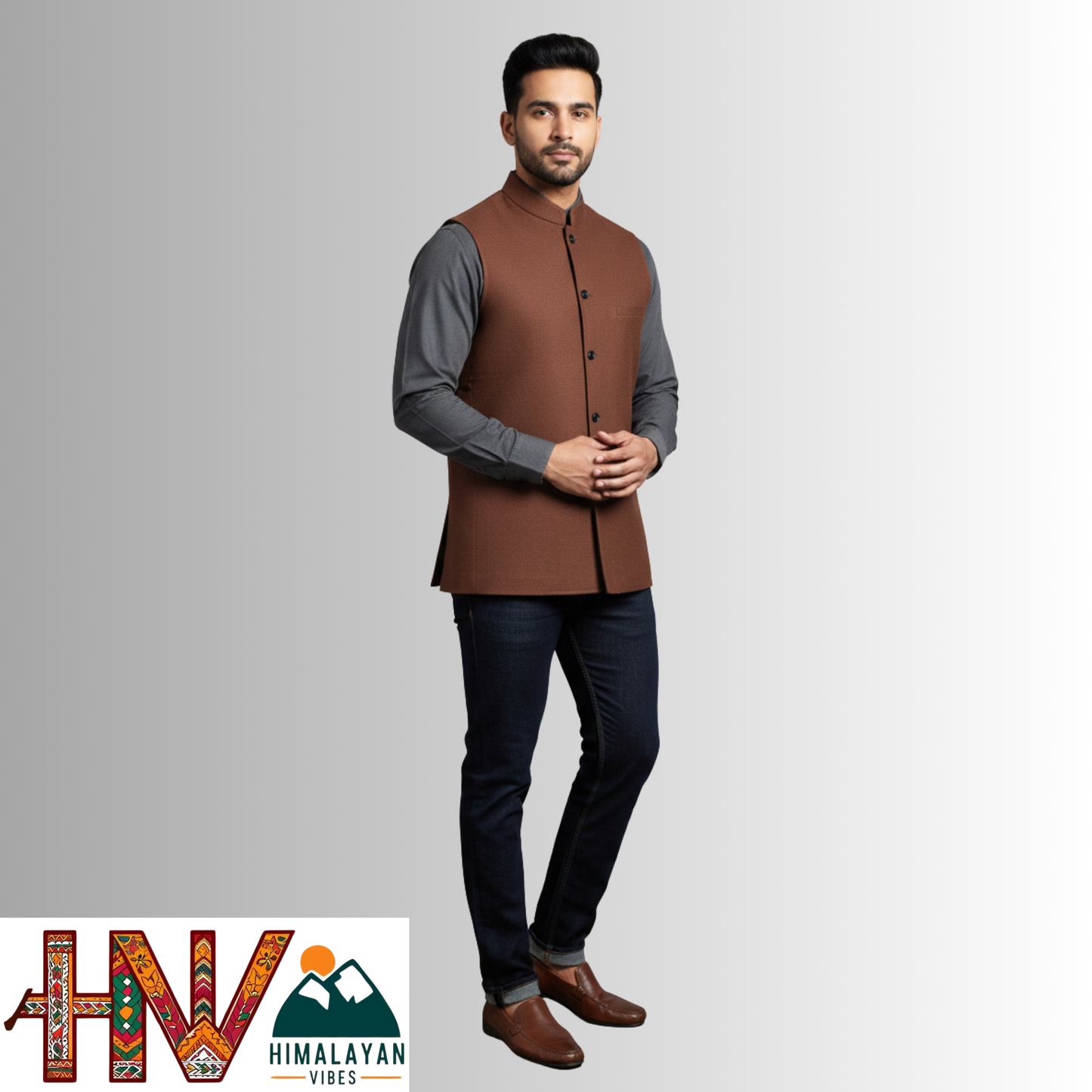 Handcrafted Himalayan Vibes Rust Brown Woolen Nehru Jacket for Men | Traditional Himachali Craft | Stylish Winter & Formal Wear