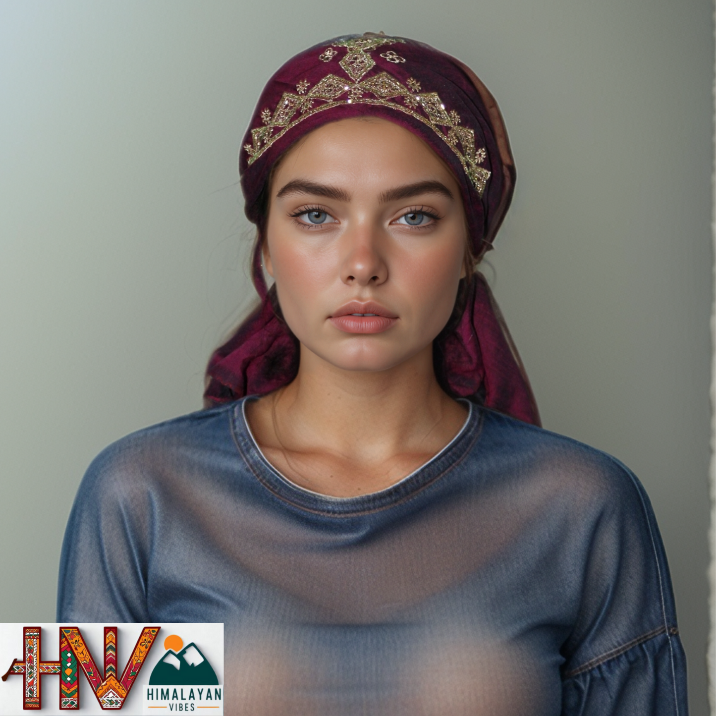 Handcrafted Himachali Wine Color Dhatu with Golden Embroidery – A Unique Embroidered Head Scarf