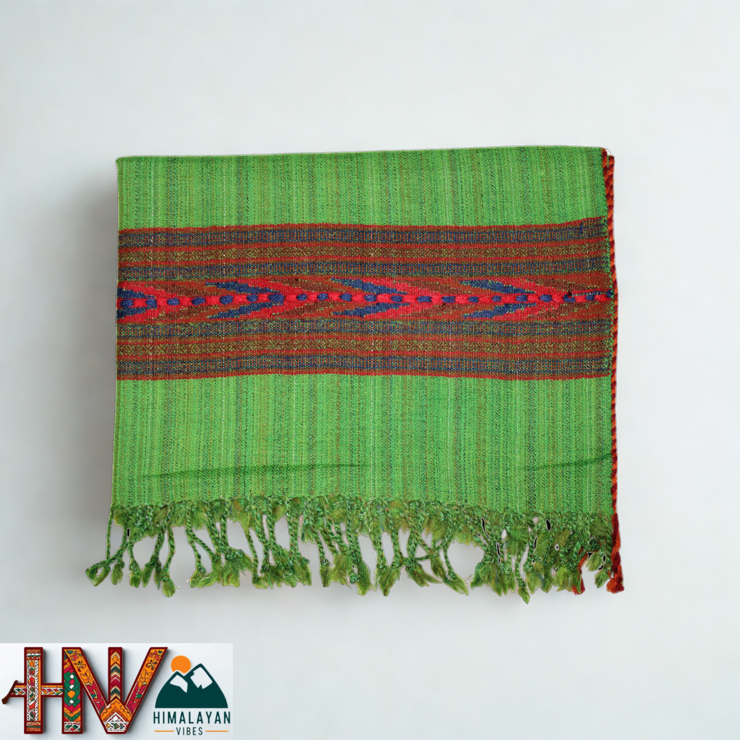 Handwoven Himalayan Parrot Green Wool Stole – Red & Blue Striped with Geometric Motif Border