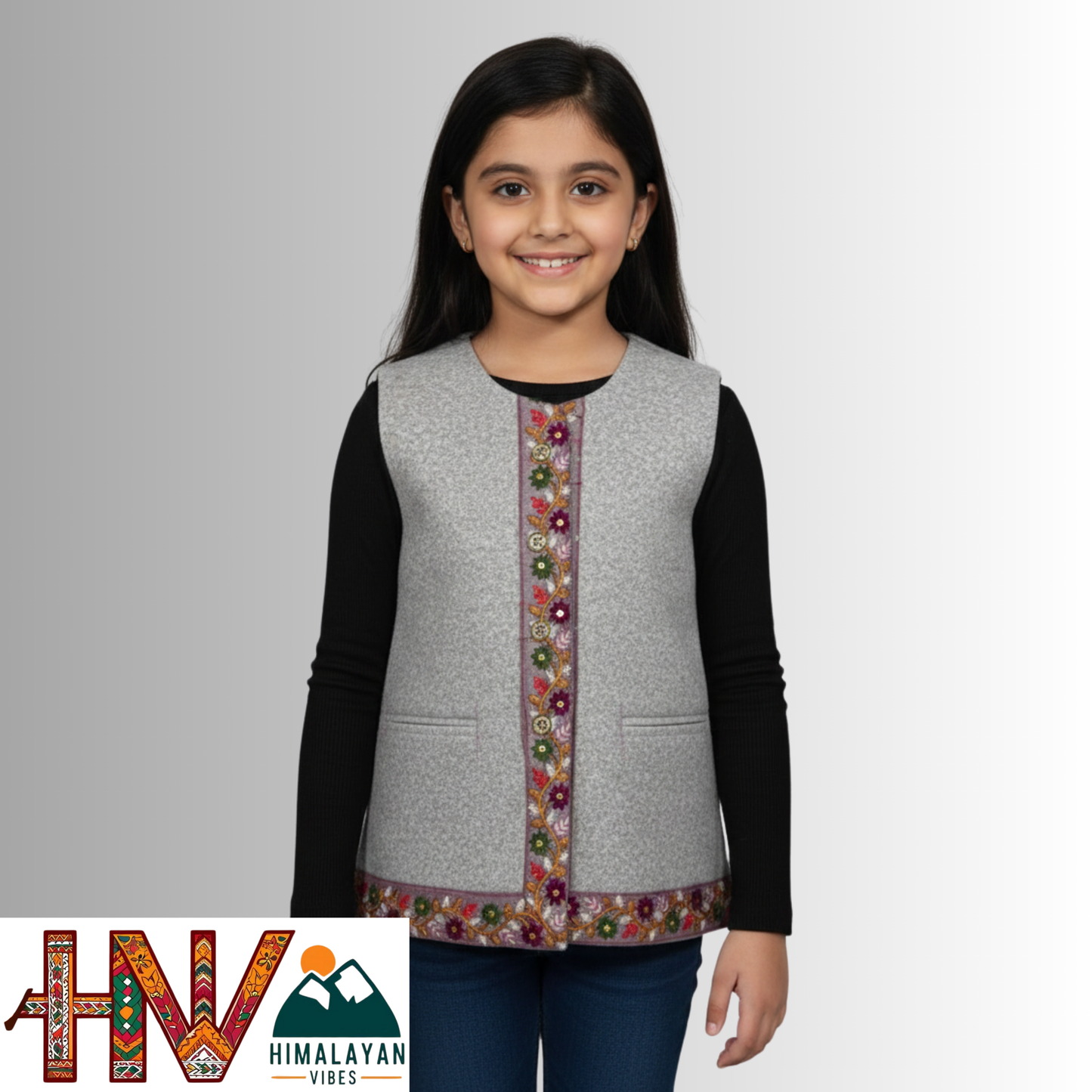 Girls Sleeveless Light Grey Woolen Sadri Jacket in Martin Fabric – Himachali Handcrafted Ethnic Wear with Floral Embroidery