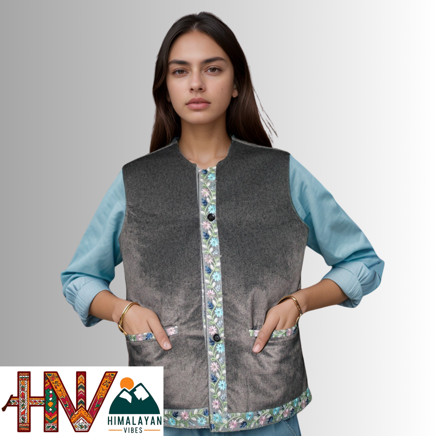 Himachali Dark Grey Sadri with embroidered Lace for Women - Martin Fabric Ethnic Half Jacket with Pockets